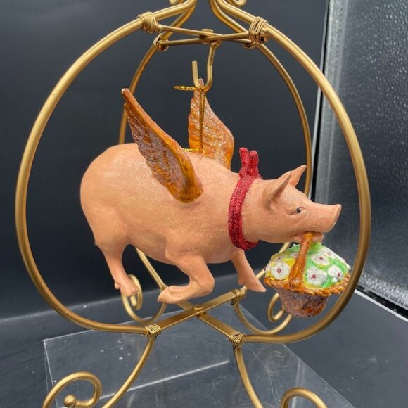 Resin Flying Pig with Flower Basket Glitter Pig Ornament with Display Stand - Picture 1 of 9